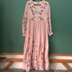 ASOS Pink Floral‎ Embroidered Button Up Maxi Dress Boho Long Sleeve Size 6